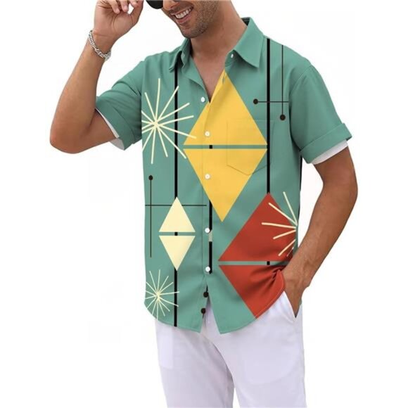 Men's Retro Bowling Shirts 50s Rockabilly Style Button Down Shirts Vintage Style - Picture 4 of 6